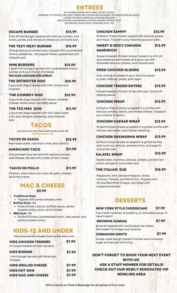 Troy Escape Food Menu